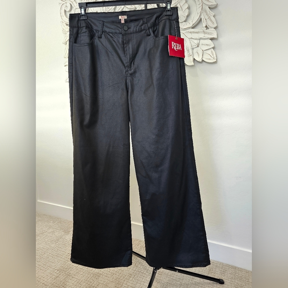 NWT REBA Black Coated Wide Leg Jeans Waxed Shiny Pants Women's Sz 14